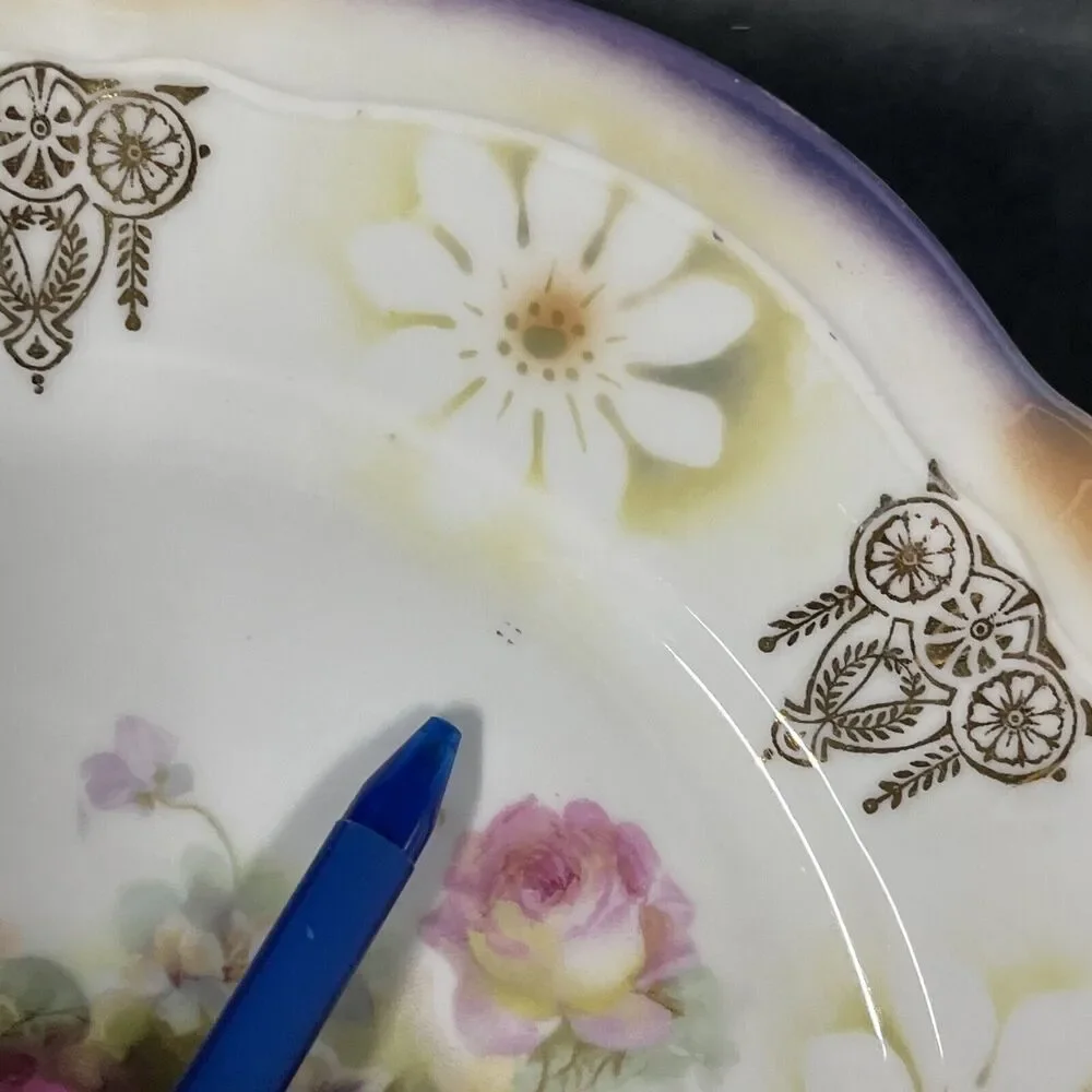 VTG German Porcelain Lusterware Roses Flowers Enclosed Handle‎ Cake Plate 9.75”